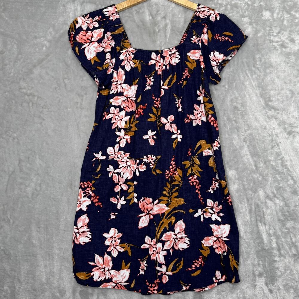 Nicole Miller Dress Womens Small Floral Linen Viscose Short Sleeve Pockets